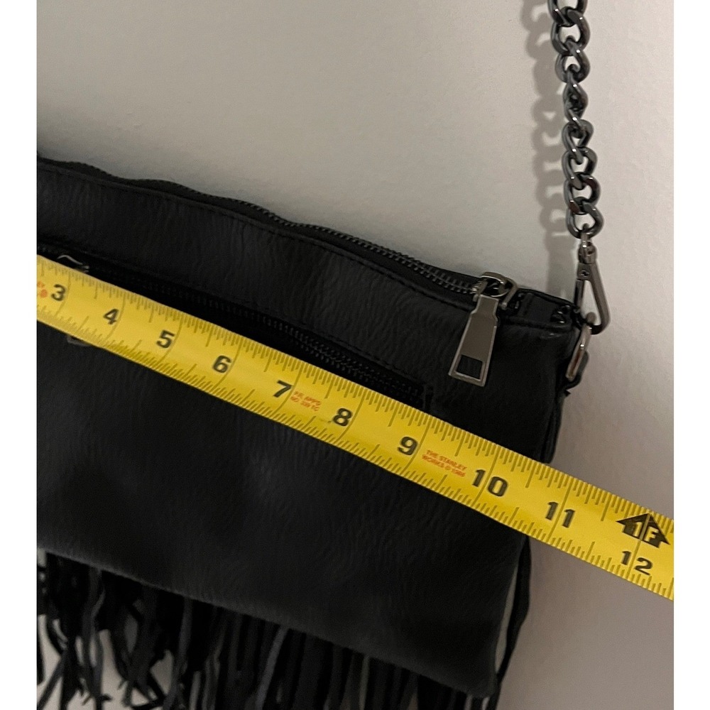 MMS Black Fringe Crossbody Bag Small Faux Leather Gunmetal Chain Boho Rockstar - Picture 8 of 11